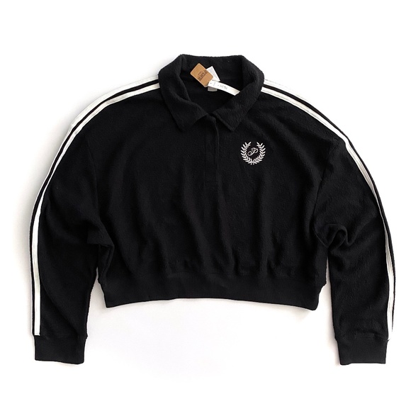 PINK Victoria's Secret Tops - PINK Victoria's Secret Top Fleece Cropped Oversize Black w/ Stripe Logo Nwt